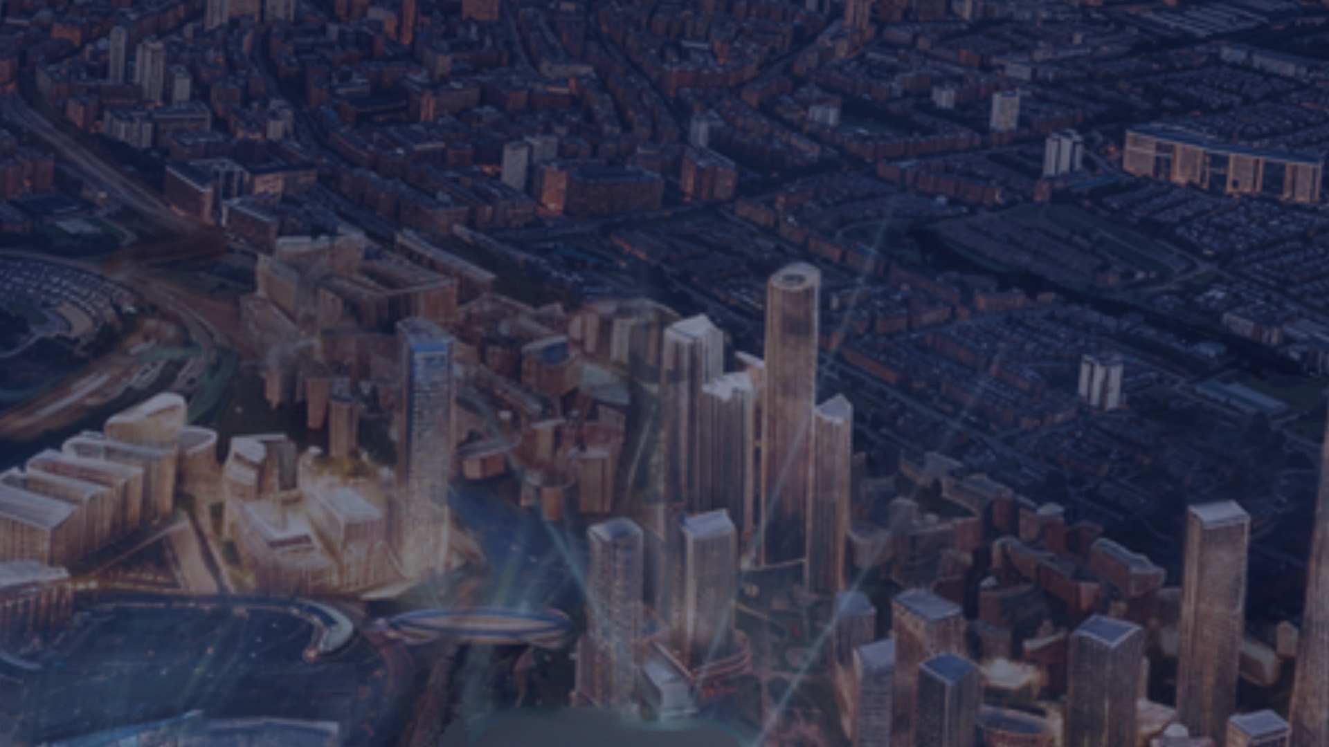 Stadium-anchored district masterplan rendering — Europe