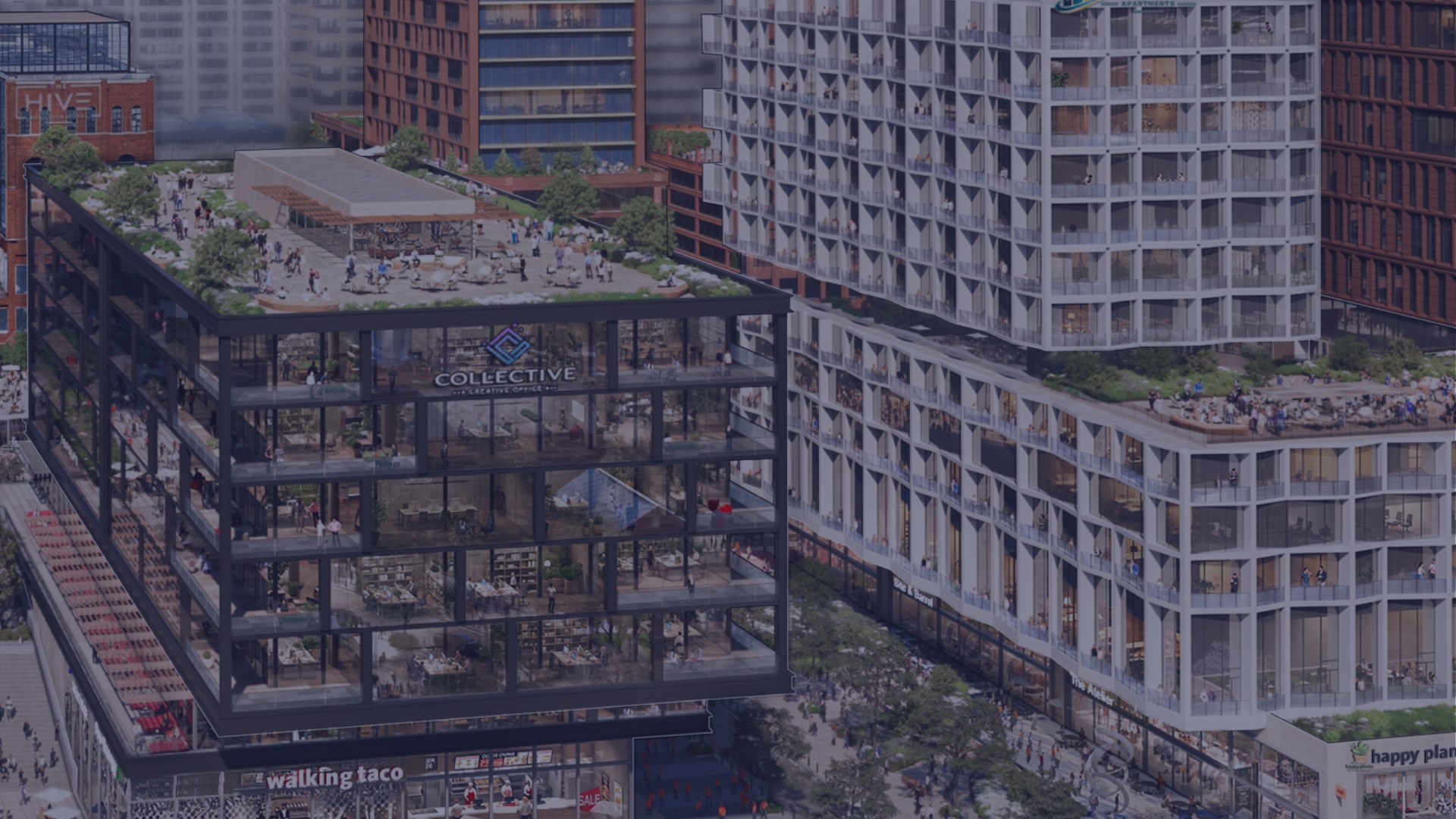 Venue-anchored sports and entertainment district rendering — North America